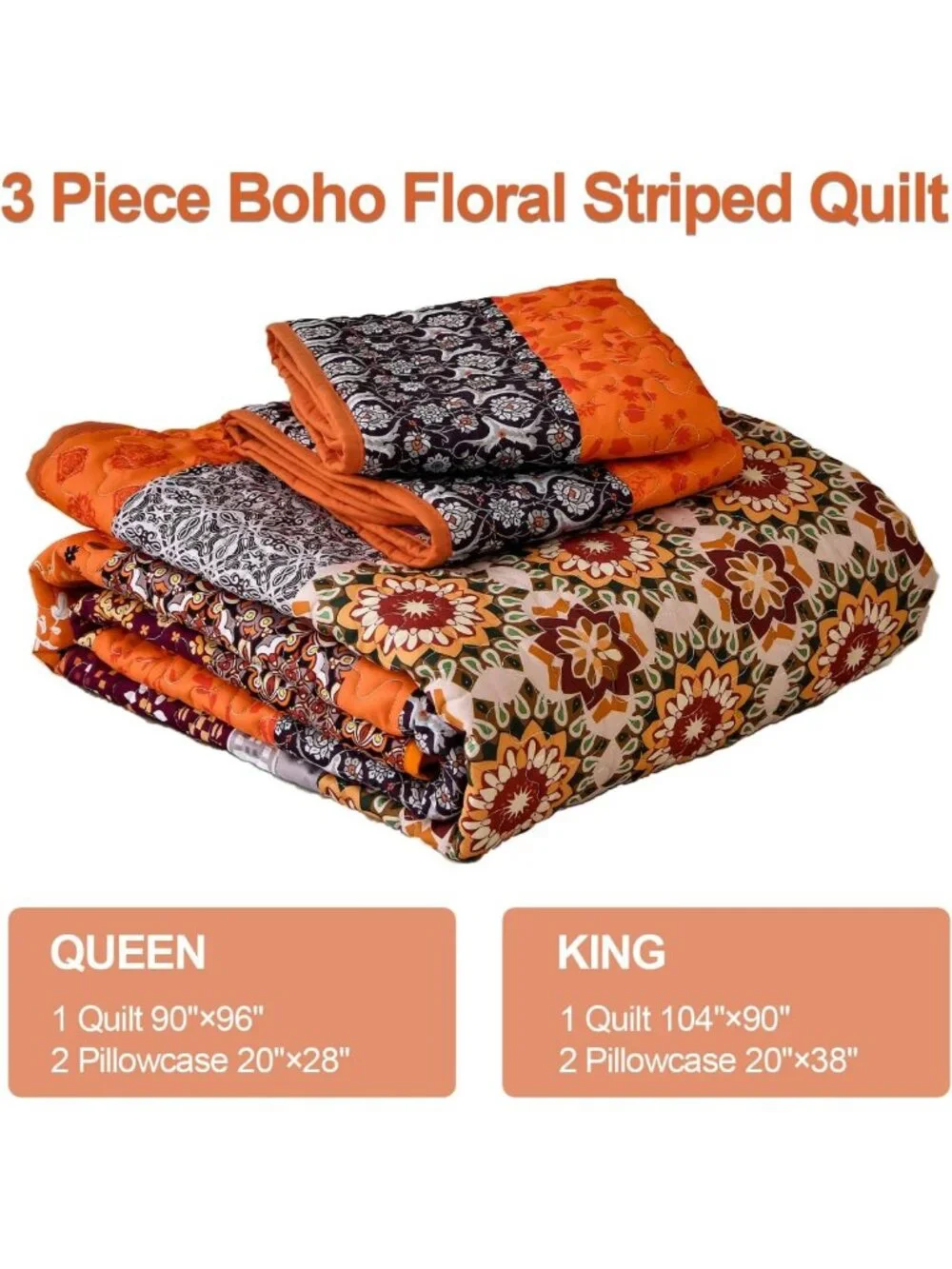 Boho King Quilt Set - 3 Piece Orange Floral Striped Bedspread for Cozy Decor